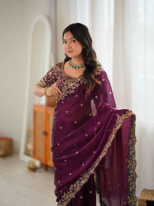 Designer Saree with All Over Embroidery Work For Weddings