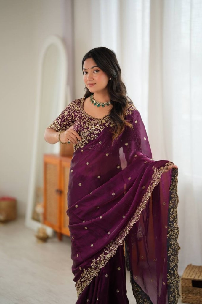 Designer Saree with All Over Embroidery Work For Weddings