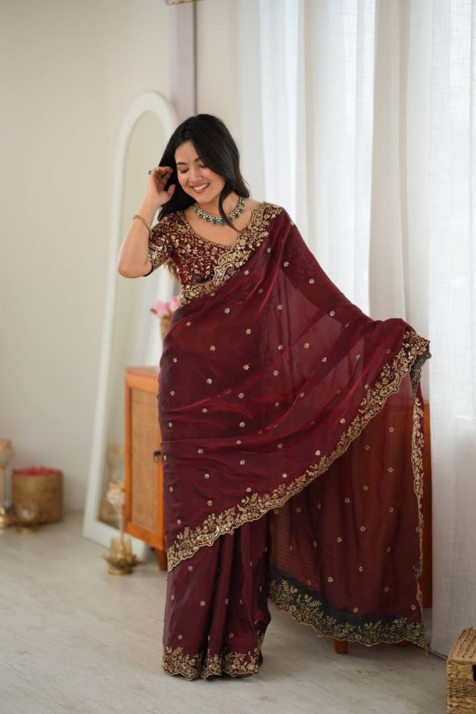 Designer Saree with All Over Embroidery Work For Weddings