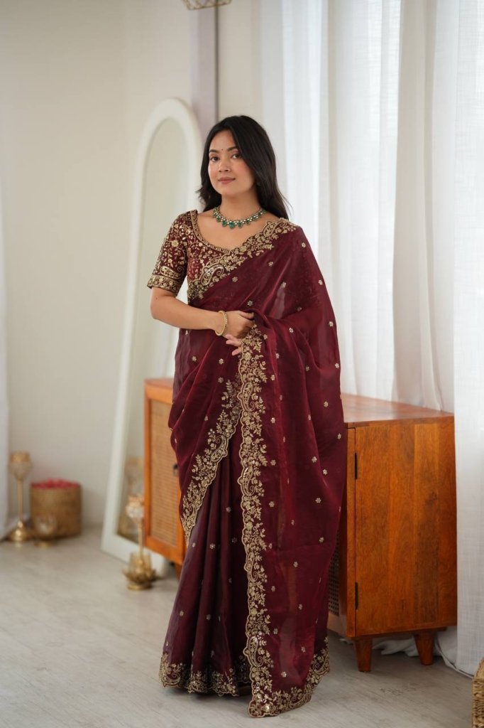 Designer Saree with All Over Embroidery Work For Weddings