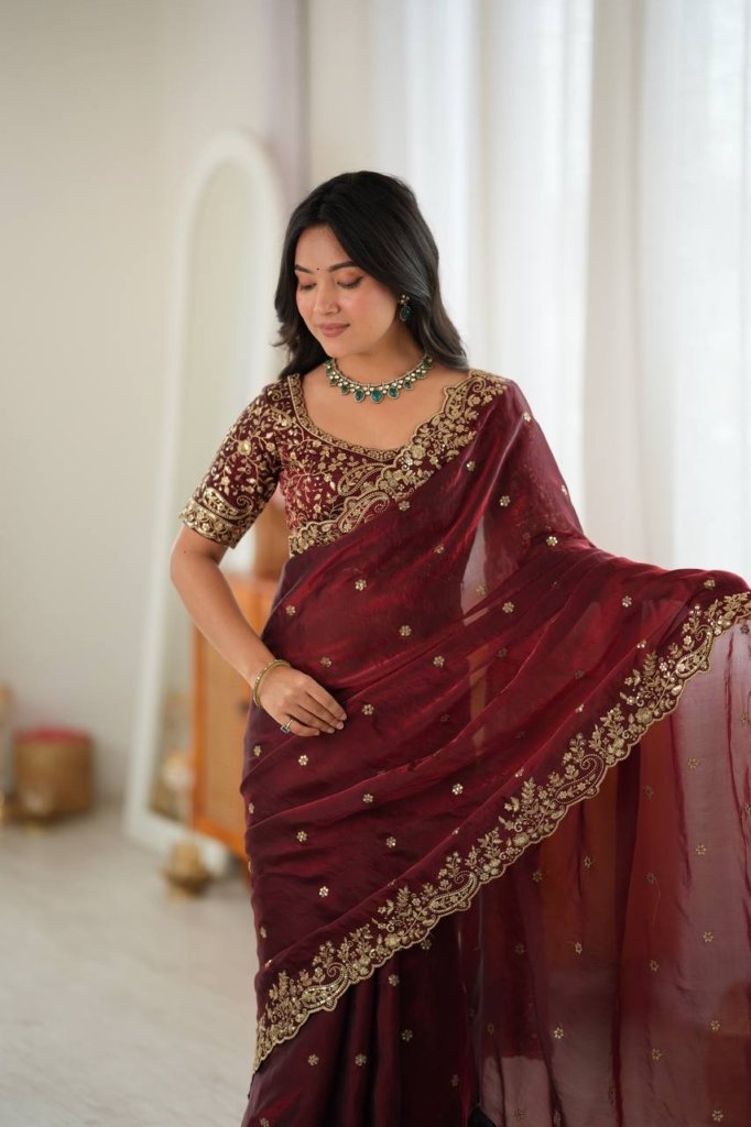 Designer Saree with All Over Embroidery Work For Weddings