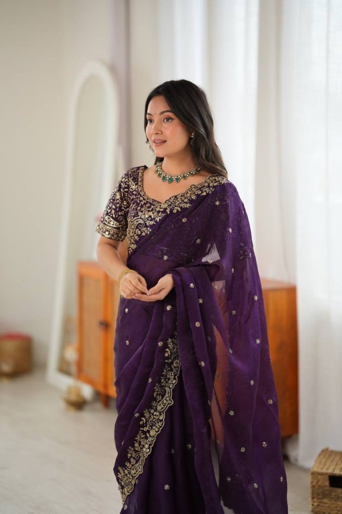 Designer Saree with All Over Embroidery Work For Weddings
