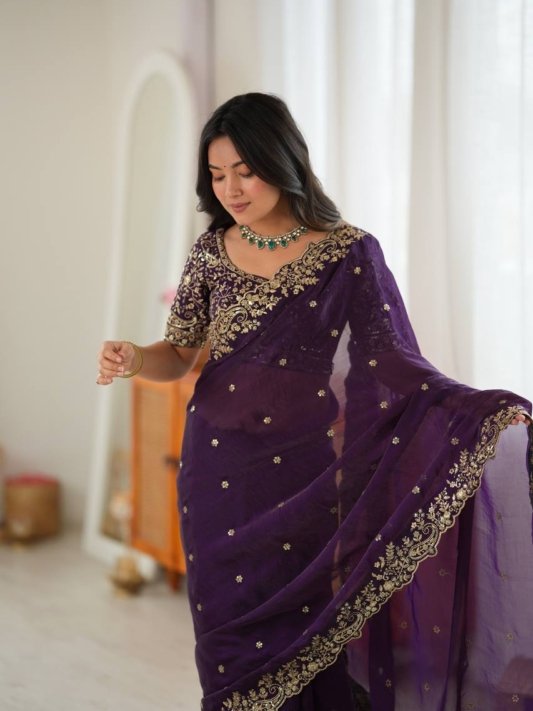 Designer Saree with All Over Embroidery Work For Weddings