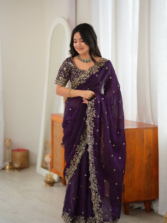 Designer Saree with All Over Embroidery Work For Weddings