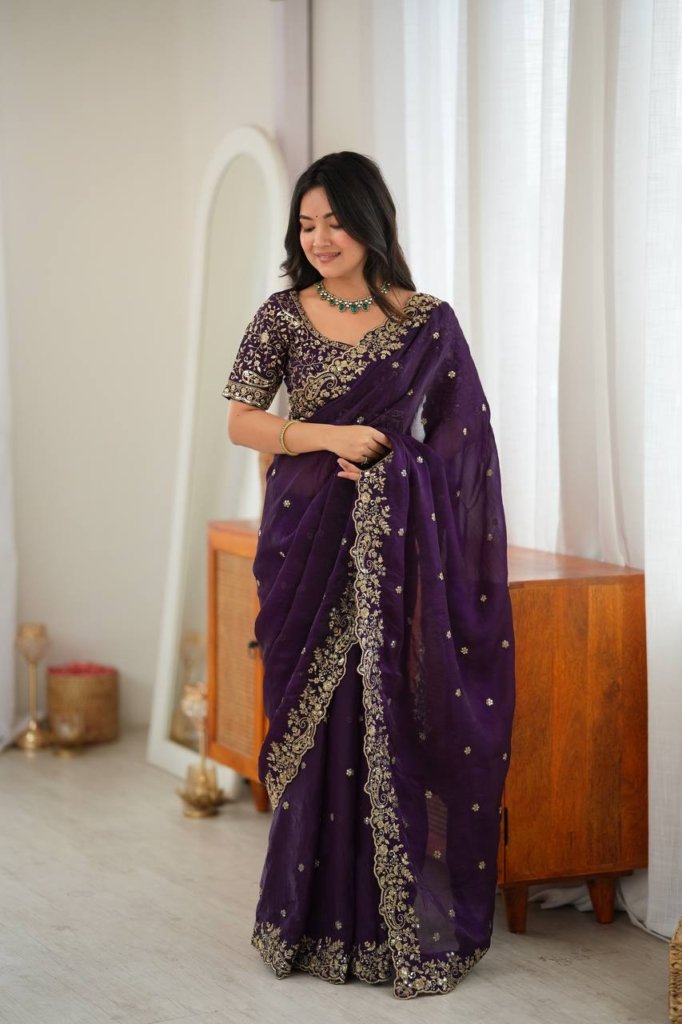 Designer Saree with All Over Embroidery Work For Weddings