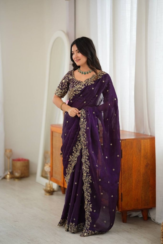 Designer Saree with All Over Embroidery Work For Weddings