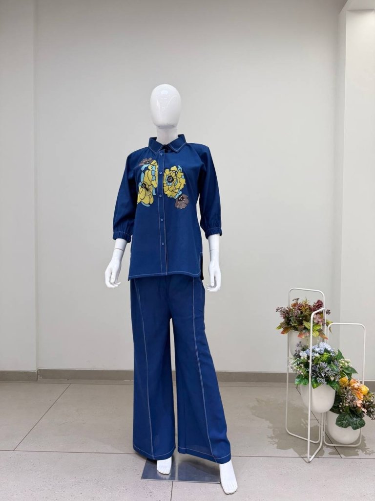 Soft Denim Co-Ord Set With Elegant Floral Embroidery