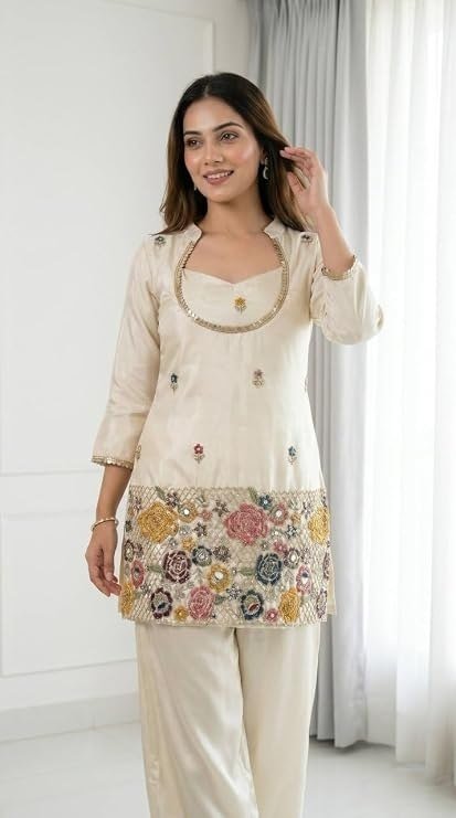 KURTI PALAZZO SET CREAM SILK