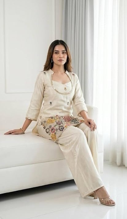 KURTI PALAZZO SET CREAM SILK
