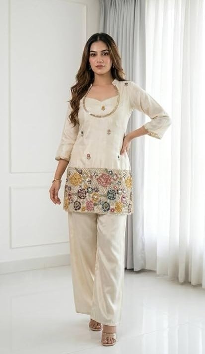 KURTI PALAZZO SET CREAM SILK – view 7