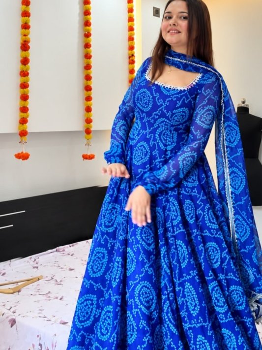 Blue Bandhani Anarkali Suit Set