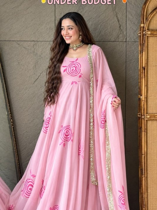 Blush Pink Floral Printed Gown With Designer Dupatta