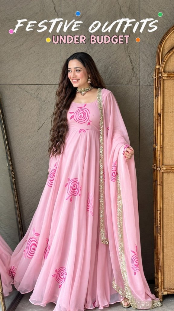 Blush Pink Floral Printed Gown With Designer Dupatta