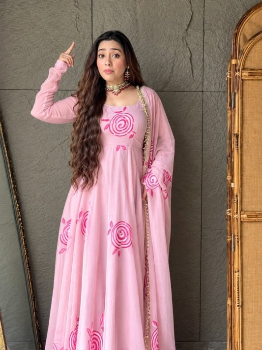 Blush Pink Floral Printed Gown With Designer Dupatta