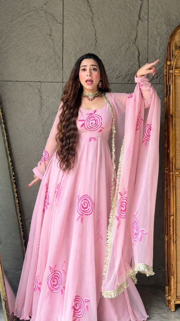 Blush Pink Floral Printed Gown With Designer Dupatta