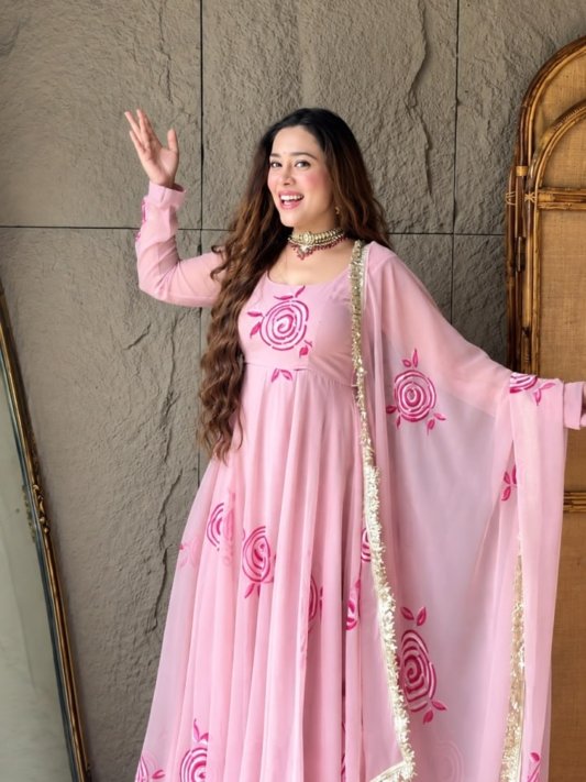 Blush Pink Floral Printed Gown With Designer Dupatta