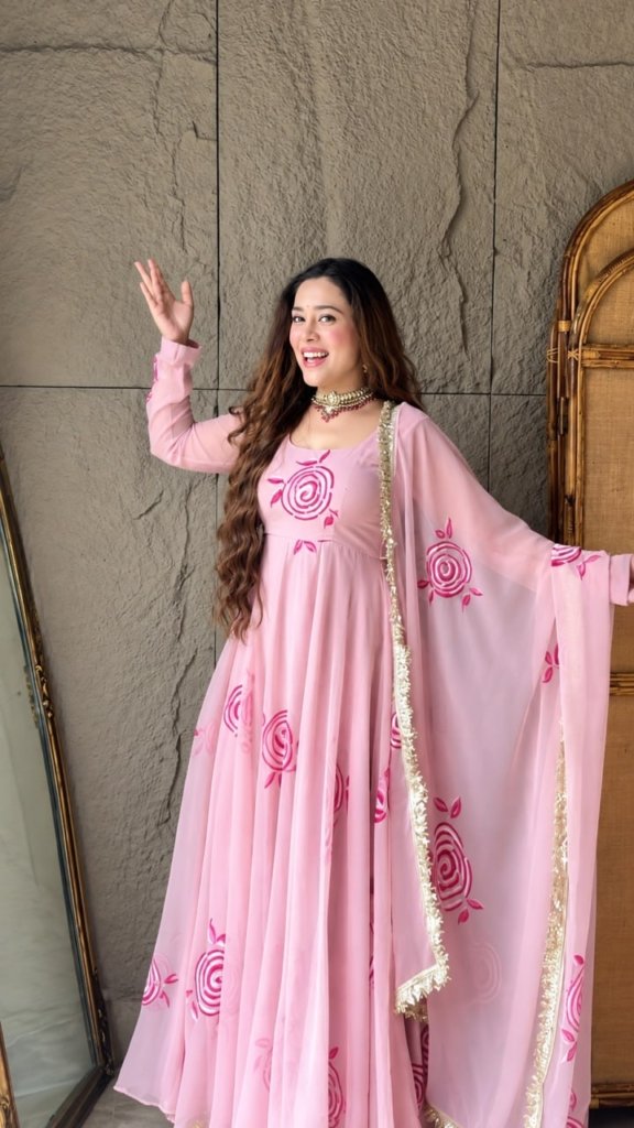 Blush Pink Floral Printed Gown With Designer Dupatta