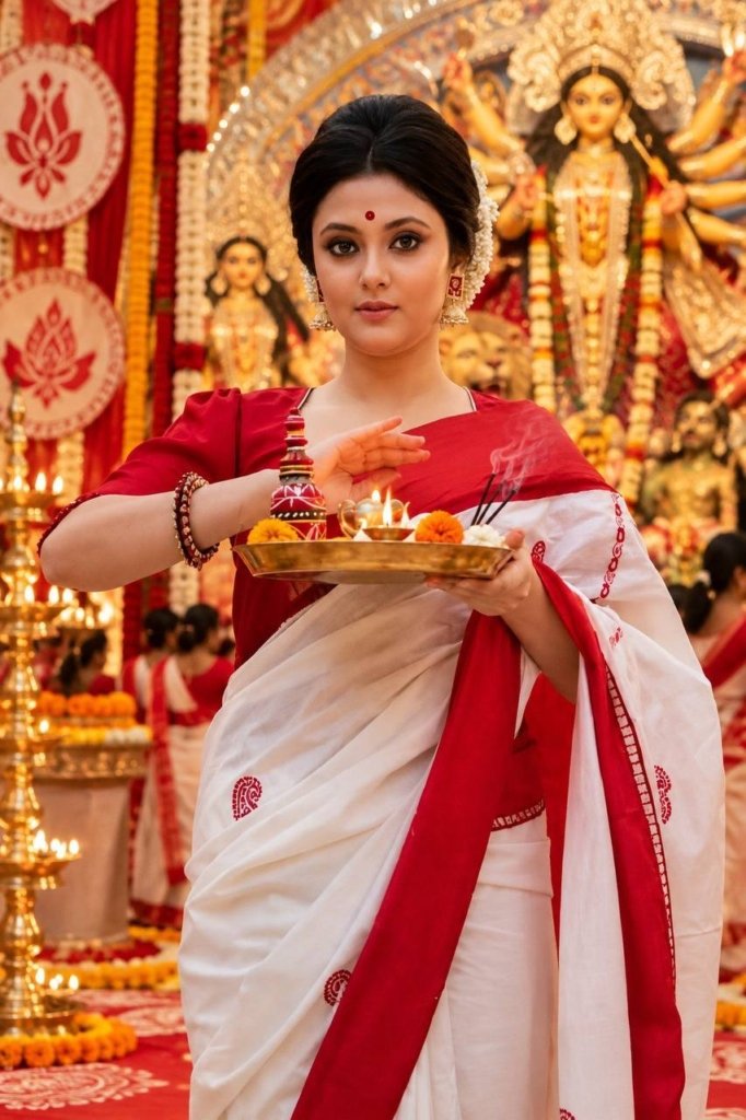 Durga Puja Saree Special Red & White Pure Linen Silk