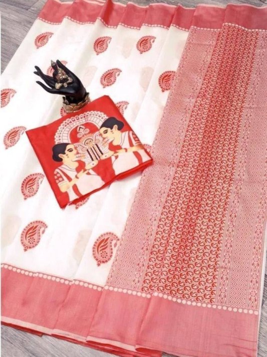 Durga Puja Saree Special Red & White Pure Linen Silk – view 9