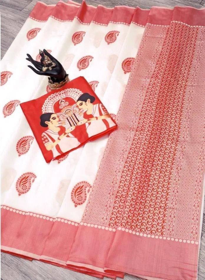 Durga Puja Saree Special Red & White Pure Linen Silk