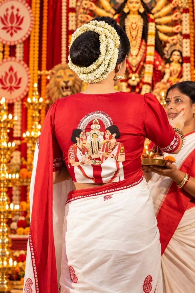Durga Puja Saree Special Red & White Pure Linen Silk