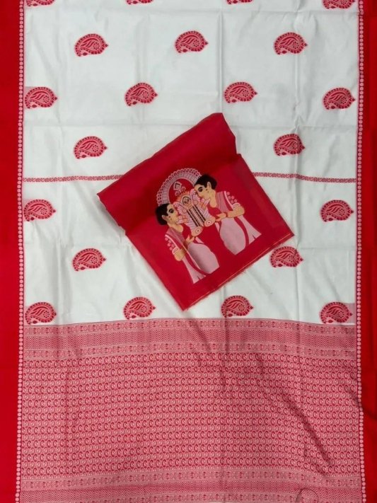 Durga Puja Saree Special Red & White Pure Linen Silk – view 8