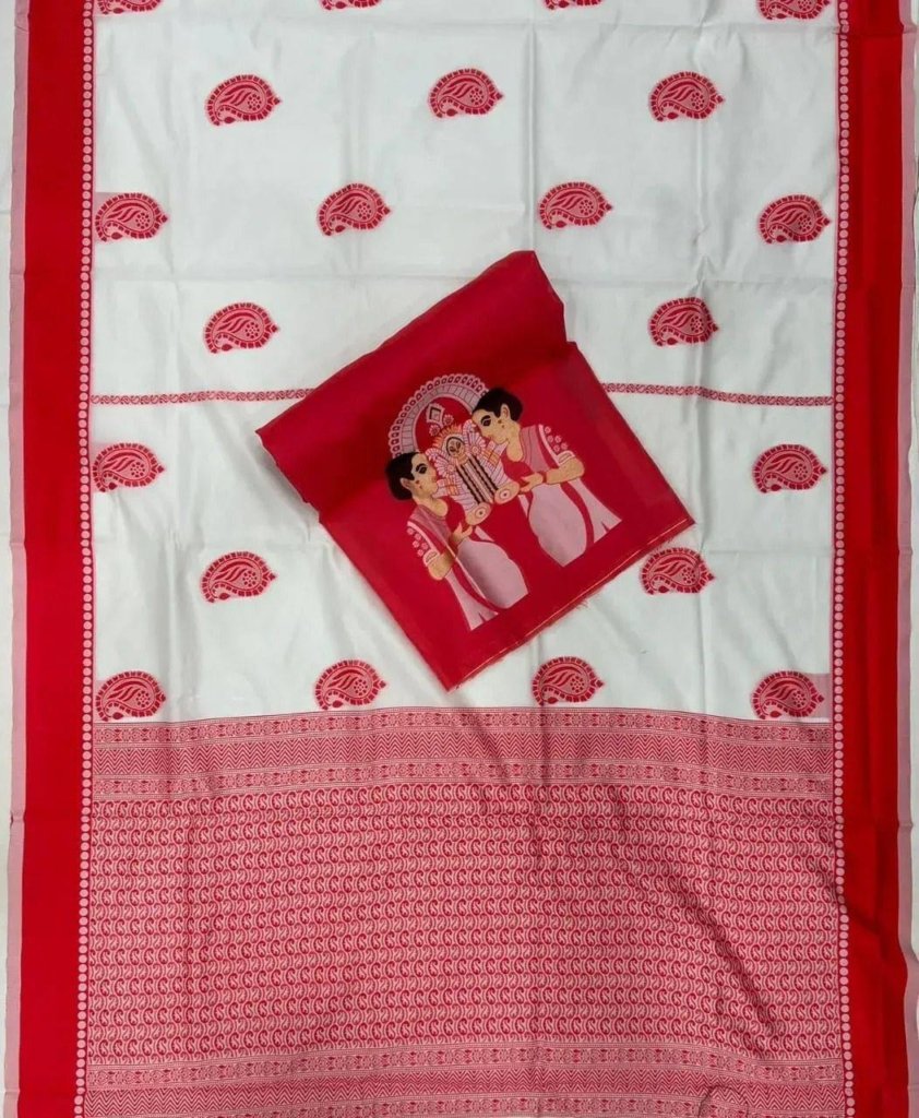 Durga Puja Saree Special Red & White Pure Linen Silk