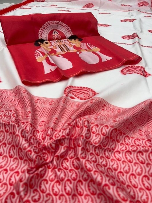 Durga Puja Saree Special Red & White Pure Linen Silk – view 6