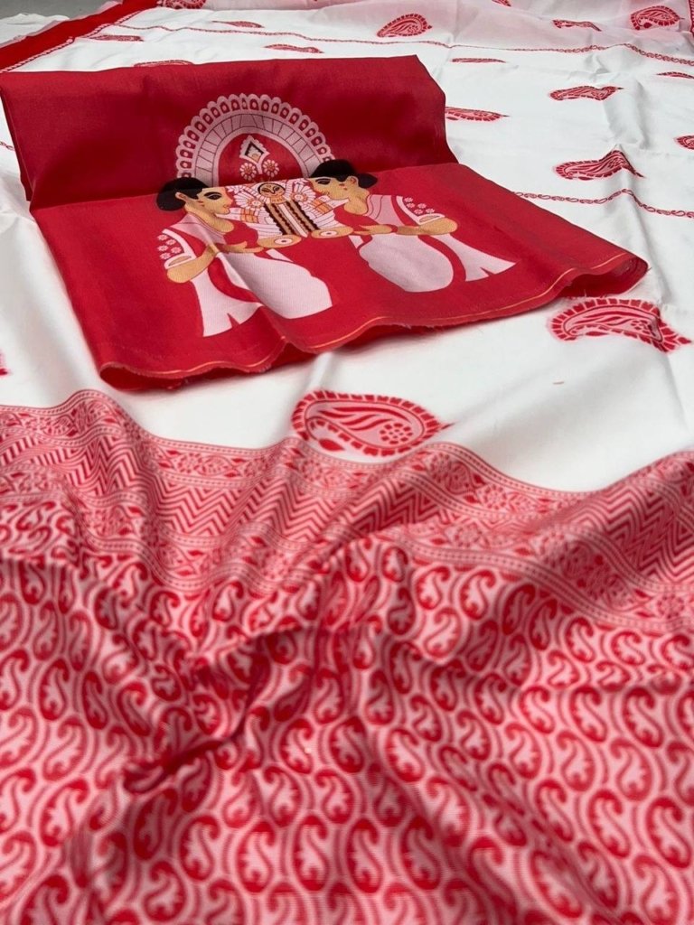 Durga Puja Saree Special Red & White Pure Linen Silk