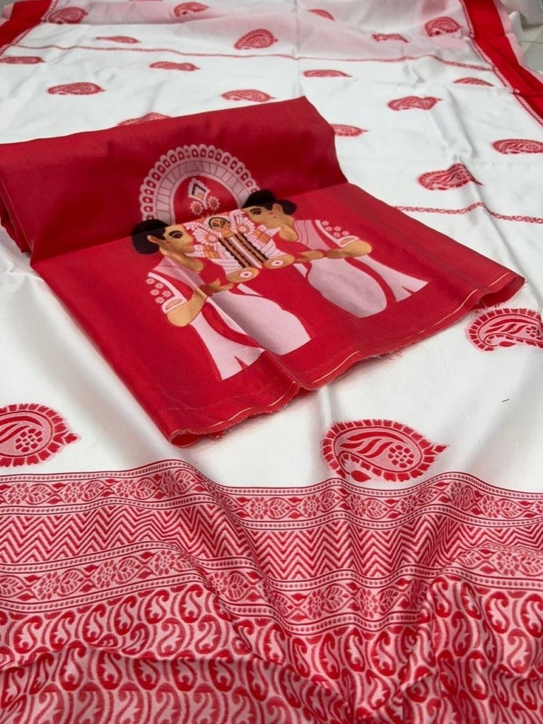 Durga Puja Saree Special Red & White Pure Linen Silk