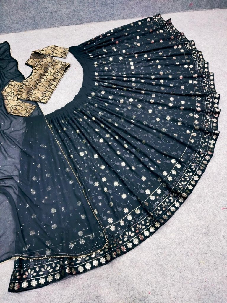 Embroidered Mirror Work Semi-Stitched Lehenga & Unstitched Blouse Tassels
