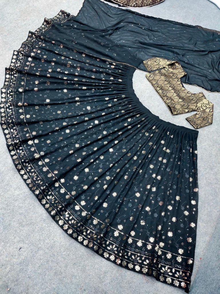 Embroidered Mirror Work Semi-Stitched Lehenga & Unstitched Blouse Tassels