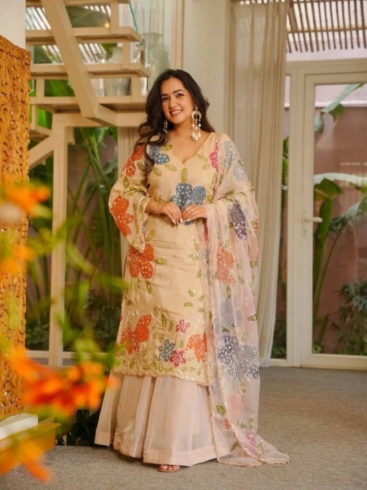 Wedding Wear Beige Tibby Organza Silk Sharara Suit Set with Floral Sequins Work Dupatta for woman – view 7