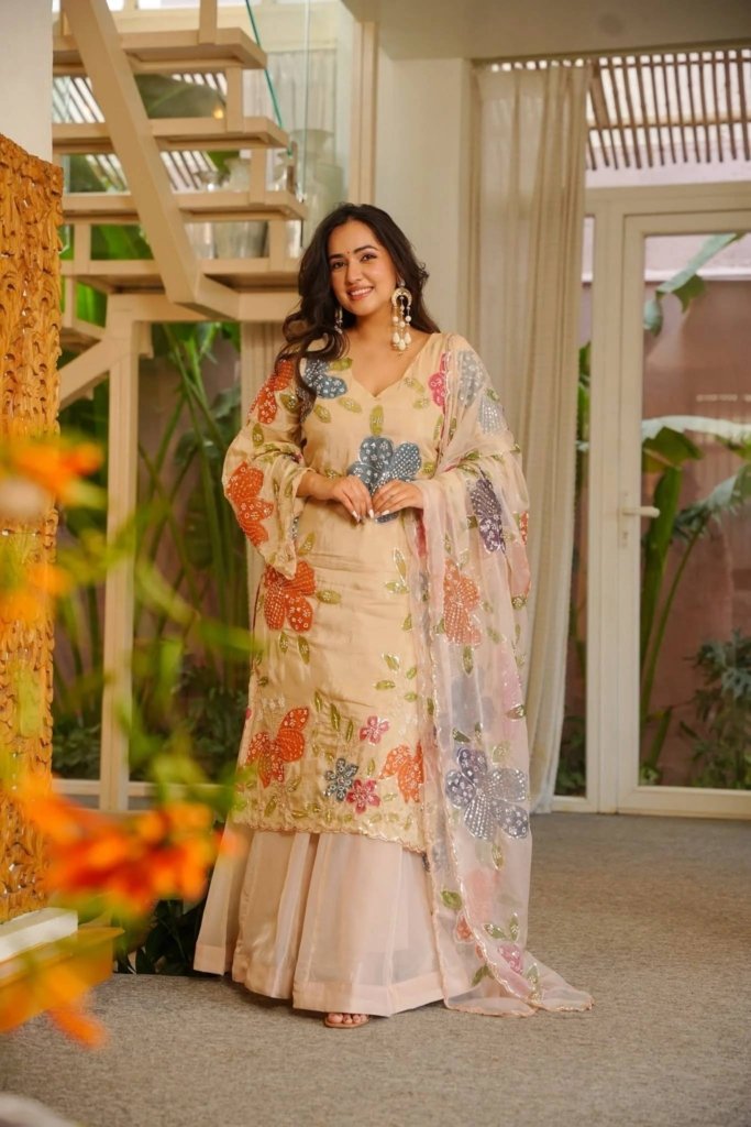 Wedding Wear Beige Tibby Organza Silk Sharara Suit Set with Floral Sequins Work Dupatta for woman