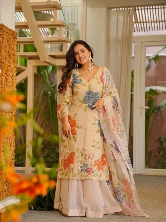 Wedding Wear Beige Tibby Organza Silk Sharara Suit Set with Floral Sequins Work Dupatta for woman – view 6