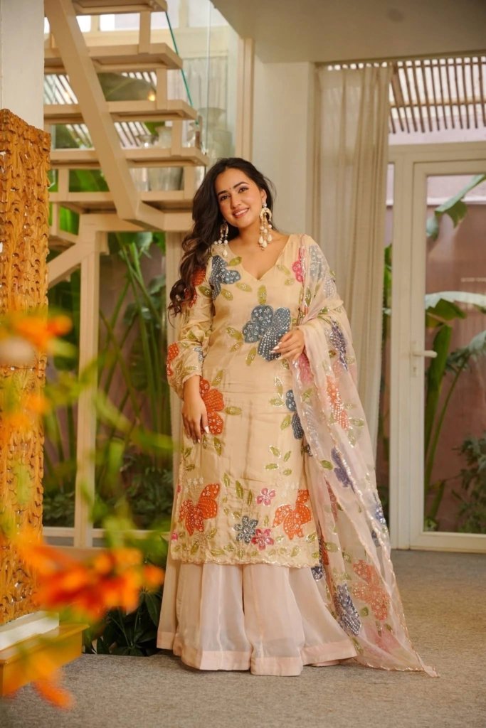 Wedding Wear Beige Tibby Organza Silk Sharara Suit Set with Floral Sequins Work Dupatta for woman