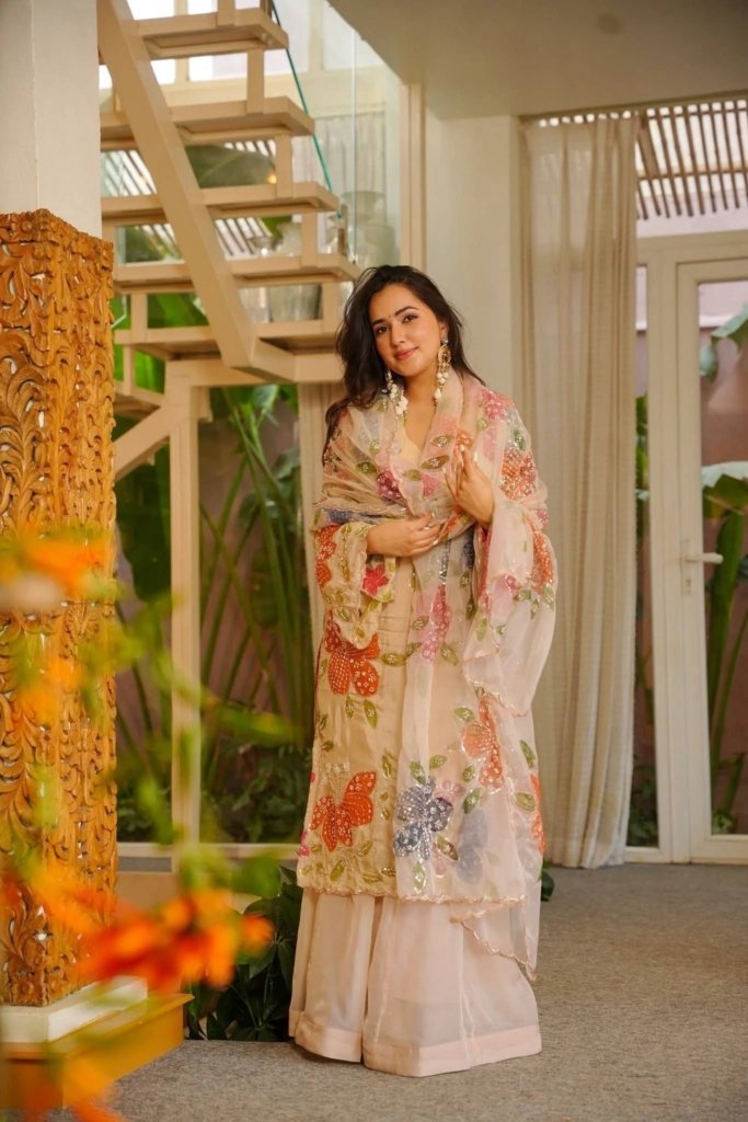 Wedding Wear Beige Tibby Organza Silk Sharara Suit Set with Floral Sequins Work Dupatta for woman