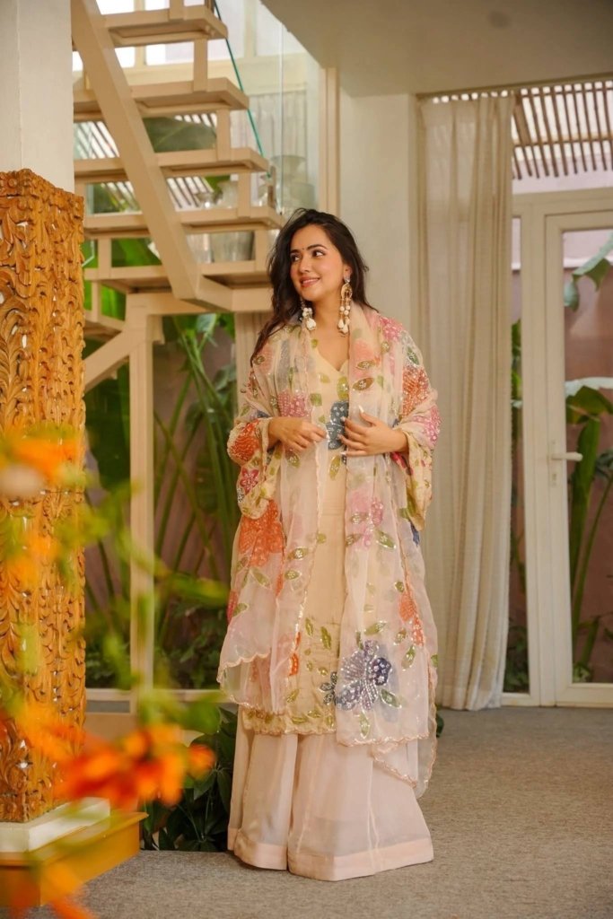 Wedding Wear Beige Tibby Organza Silk Sharara Suit Set with Floral Sequins Work Dupatta for woman