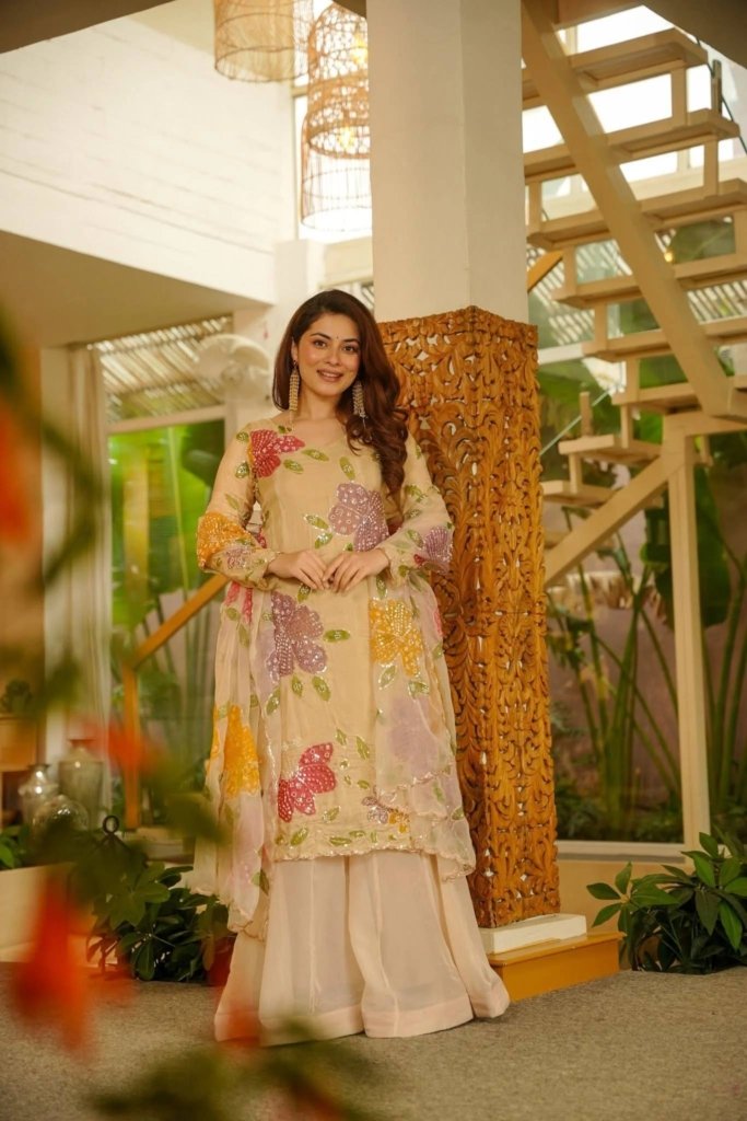 Wedding Wear Beige Tibby Organza Silk Sharara Suit Set with Floral Sequins Work Dupatta for woman