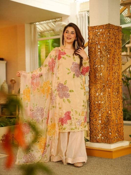 Wedding Wear Beige Tibby Organza Silk Sharara Suit Set with Floral Sequins Work Dupatta for woman