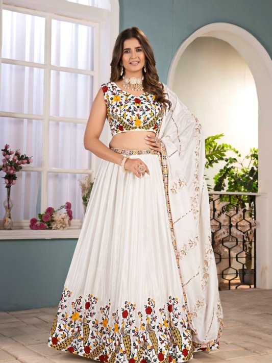 Elegant White Sequin Work Silk Wedding Wear Lehenga Choli With Dupatta