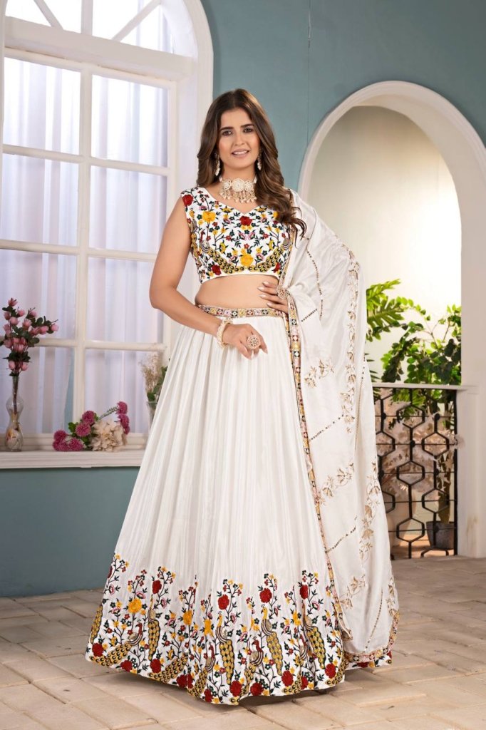 Elegant White Sequin Work Silk Wedding Wear Lehenga Choli With Dupatta
