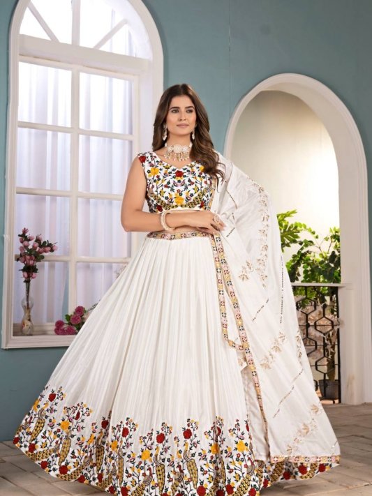 Elegant White Sequin Work Silk Wedding Wear Lehenga Choli With Dupatta