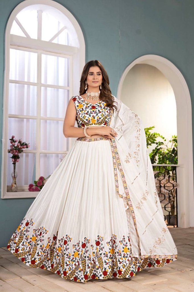 Elegant White Sequin Work Silk Wedding Wear Lehenga Choli With Dupatta