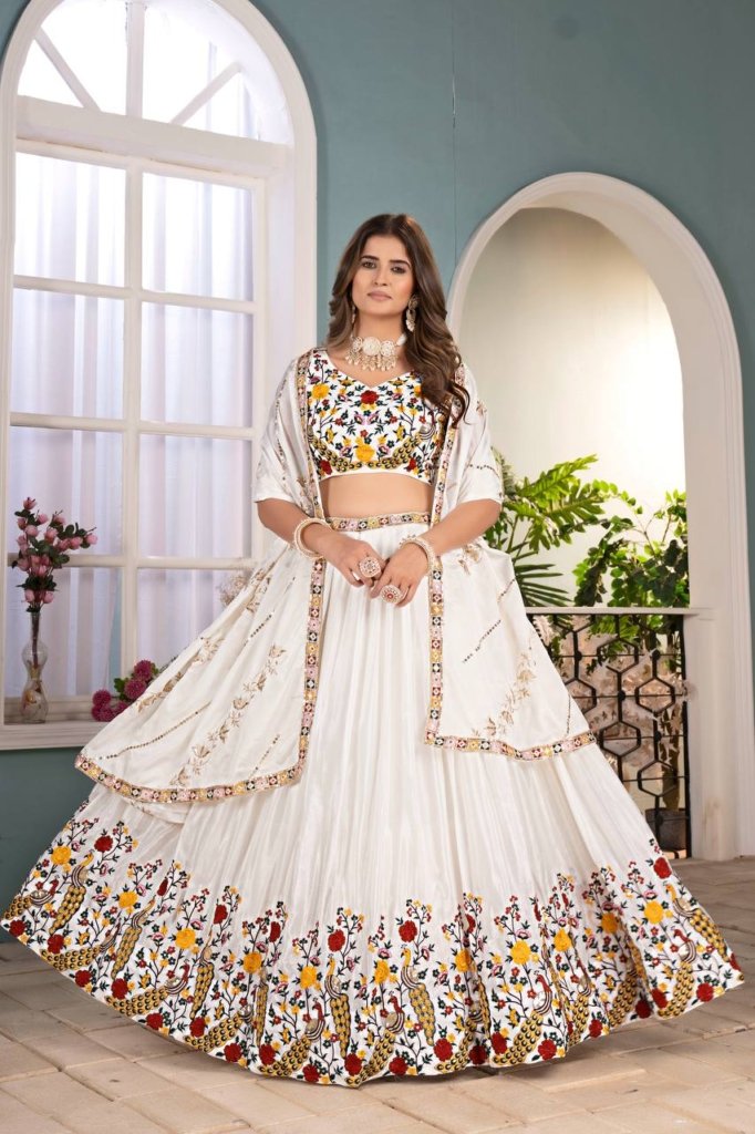 Elegant White Sequin Work Silk Wedding Wear Lehenga Choli With Dupatta