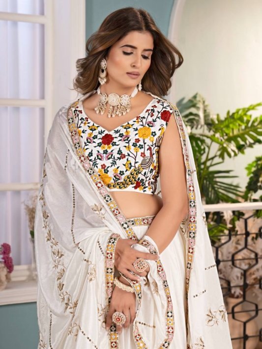 Elegant White Sequin Work Silk Wedding Wear Lehenga Choli With Dupatta