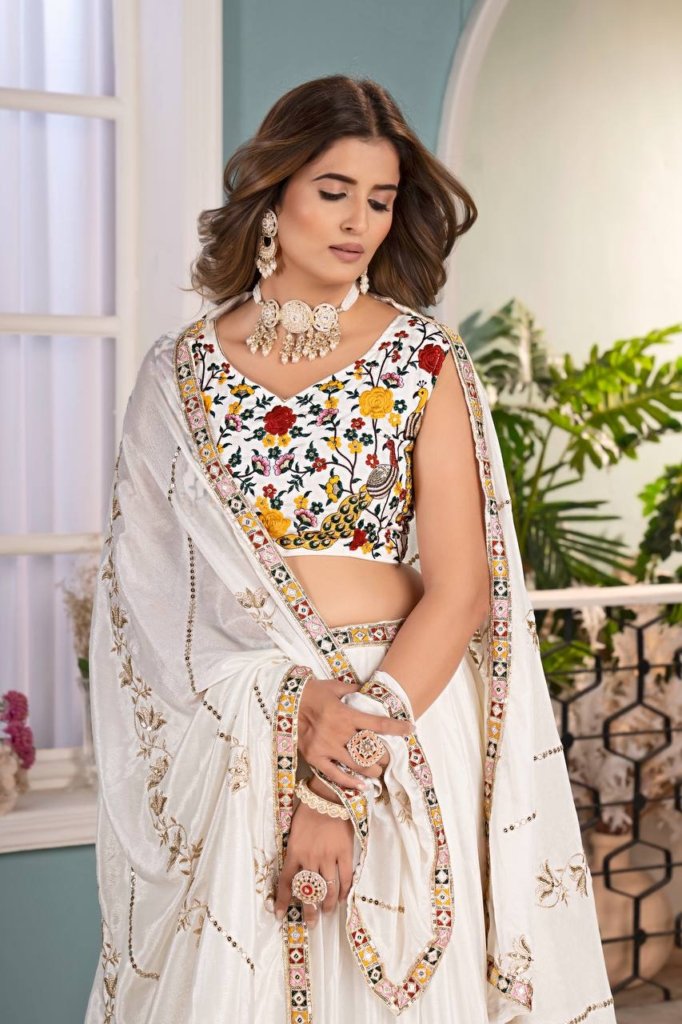 Elegant White Sequin Work Silk Wedding Wear Lehenga Choli With Dupatta