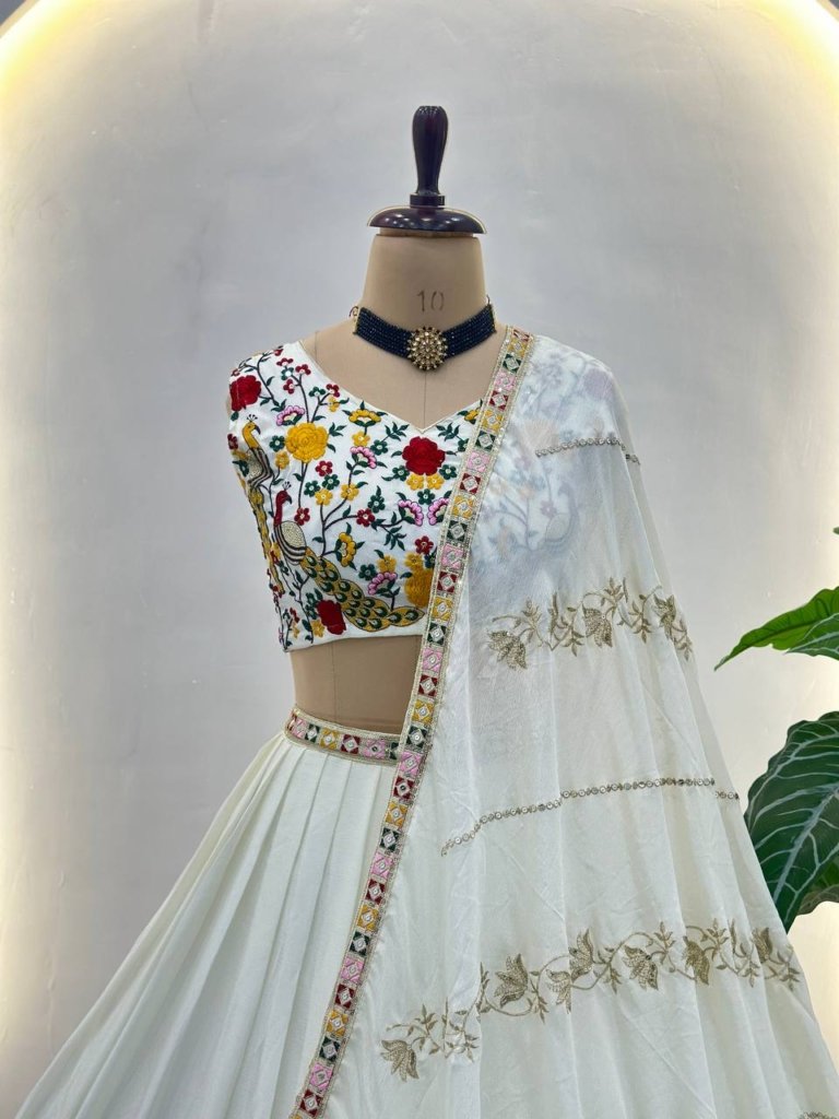 Elegant White Sequin Work Silk Wedding Wear Lehenga Choli With Dupatta