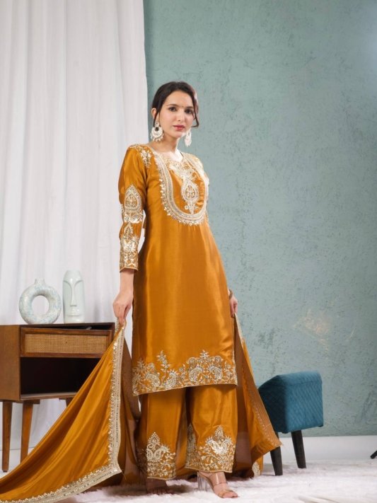 Premium Heavy Embroidered Kurta, Palazzo & Dupatta Set