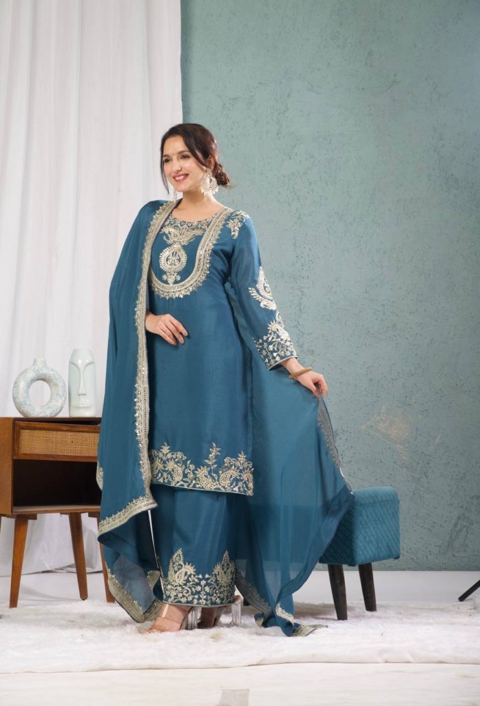Premium Heavy Embroidered Kurta, Palazzo & Dupatta Set